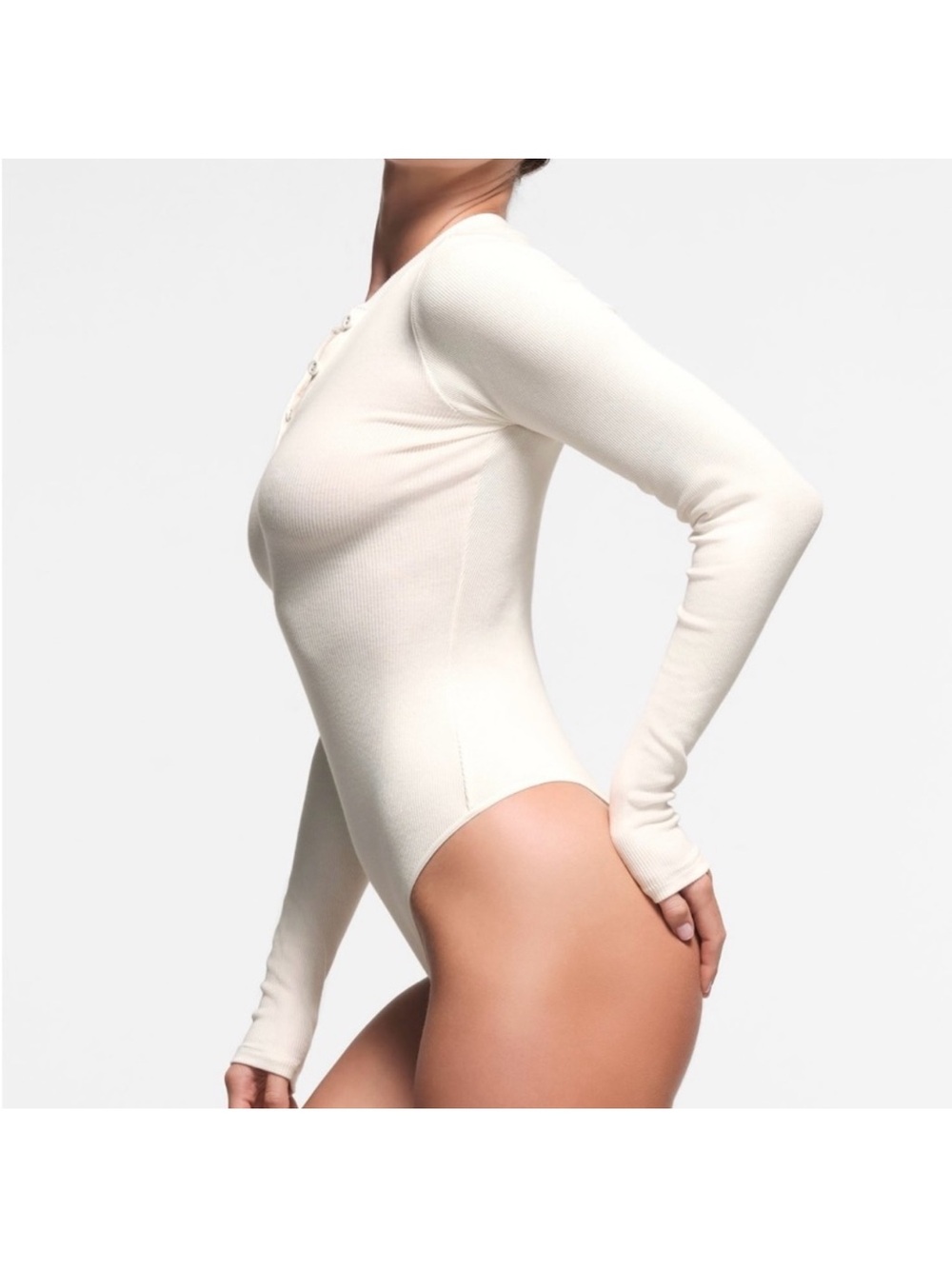 SKIMS NWTCotton Jersey Plunge Henley Bodysuit - Marble. - Picture 2 of 4